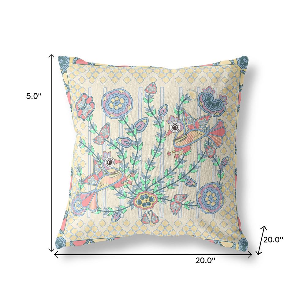20" X 20" Blue and Yellow Peacock Blown Seam Floral Indoor Outdoor Throw Pillow. Picture 7