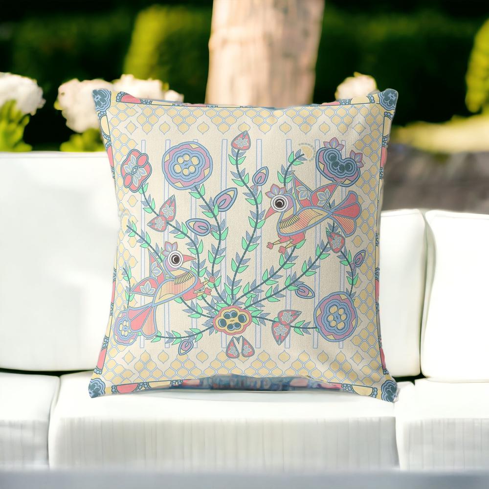 20" X 20" Blue and Yellow Peacock Blown Seam Floral Indoor Outdoor Throw Pillow. Picture 2