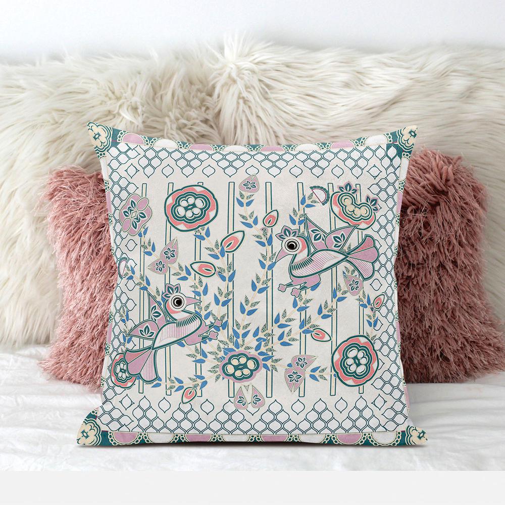 16" x 16" Off White Peacock Blown Seam Floral Indoor Outdoor Throw Pillow. Picture 6