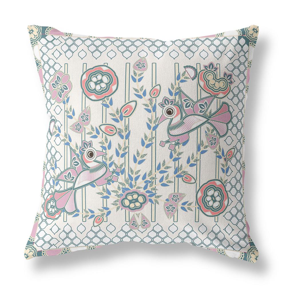 16" x 16" Off White Peacock Blown Seam Floral Indoor Outdoor Throw Pillow. Picture 1
