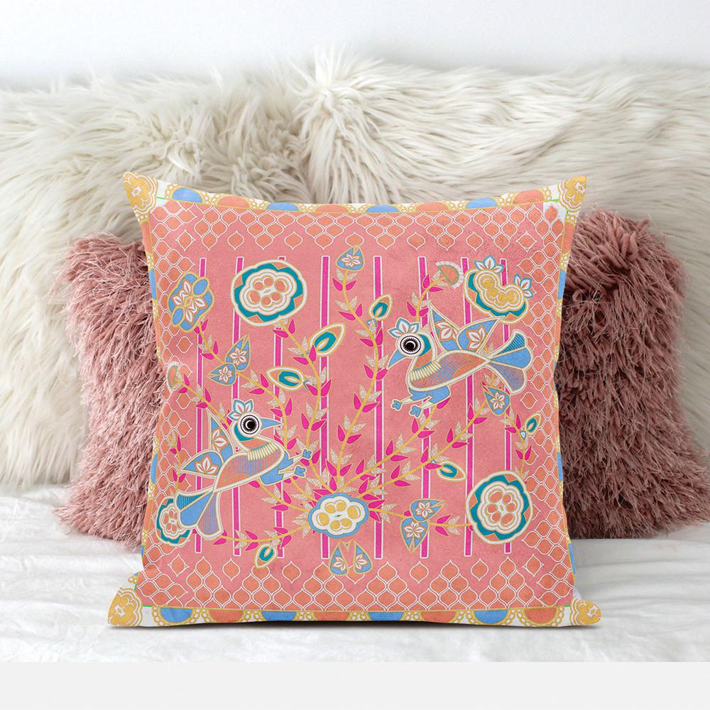 16" X 16" Peach And Blue Bird Blown Seam Floral Indoor Outdoor Throw Pillow. Picture 3