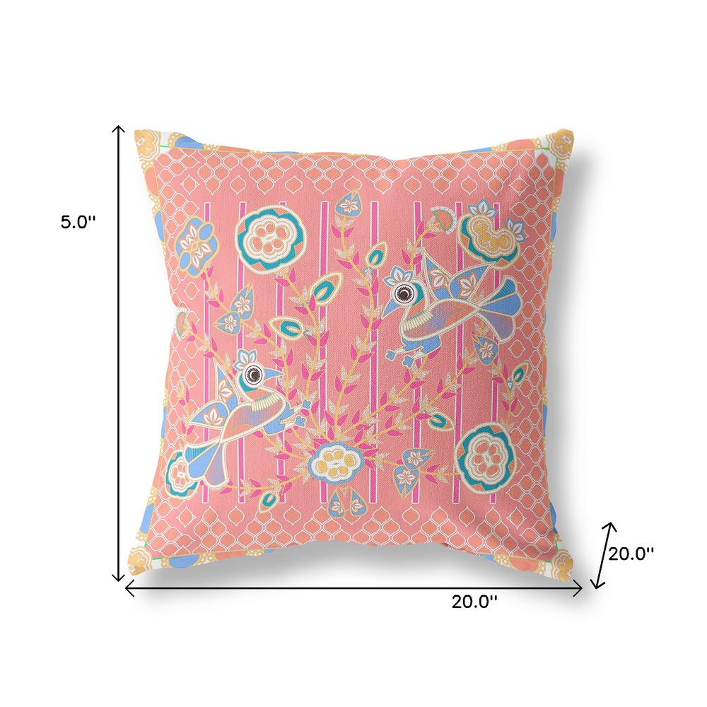 20" X 20" Peach And Blue Bird Blown Seam Floral Indoor Outdoor Throw Pillow. Picture 7