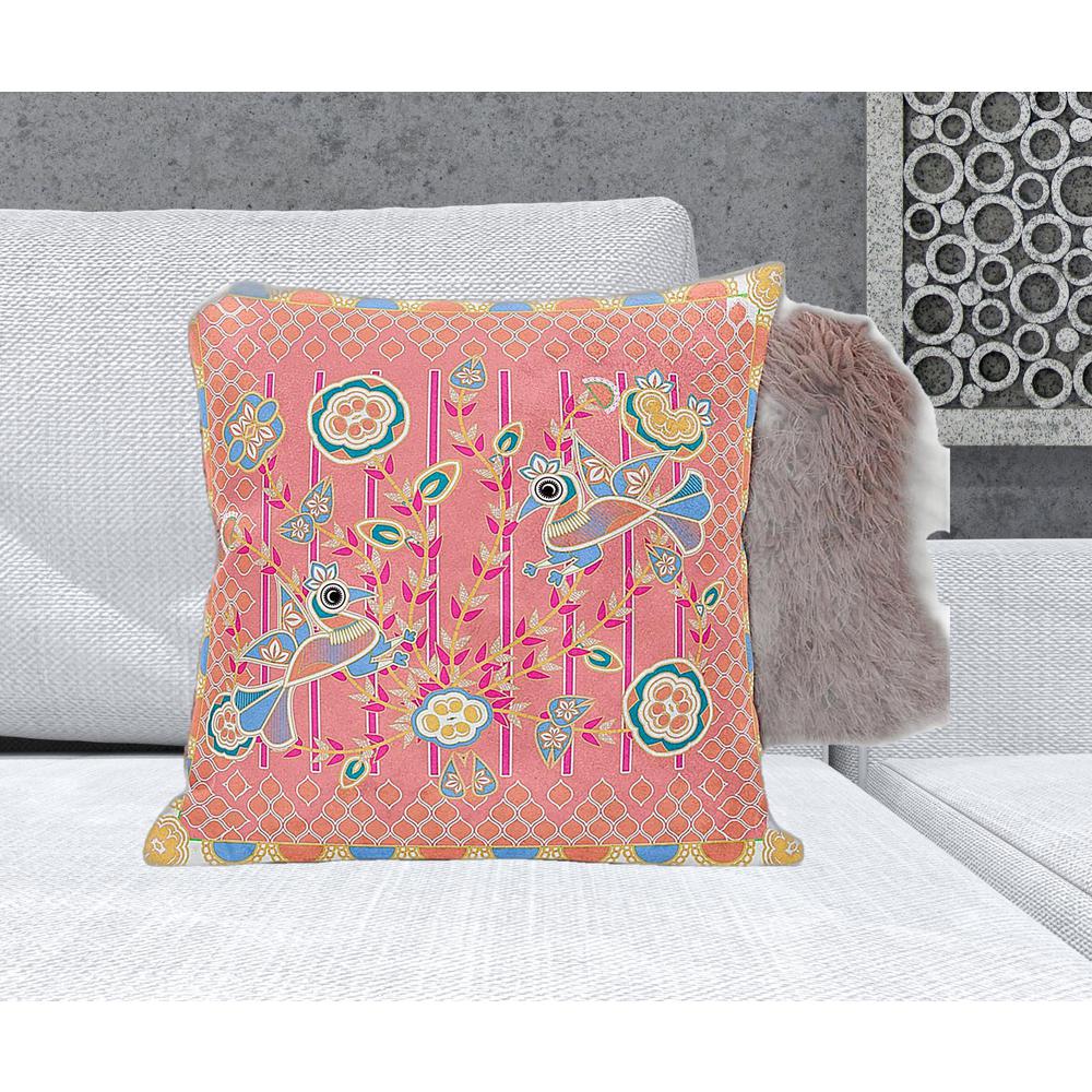 20" X 20" Peach And Blue Bird Blown Seam Floral Indoor Outdoor Throw Pillow. Picture 2