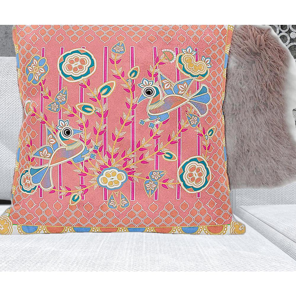 28" X 28" Peach And Blue Bird Blown Seam Floral Indoor Outdoor Throw Pillow. Picture 2