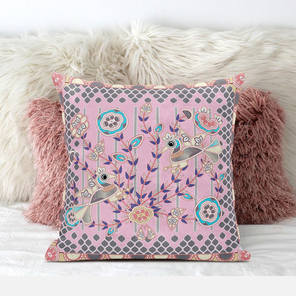 16" x 16" Pink Peacock Blown Seam Floral Indoor Outdoor Throw Pillow. Picture 6