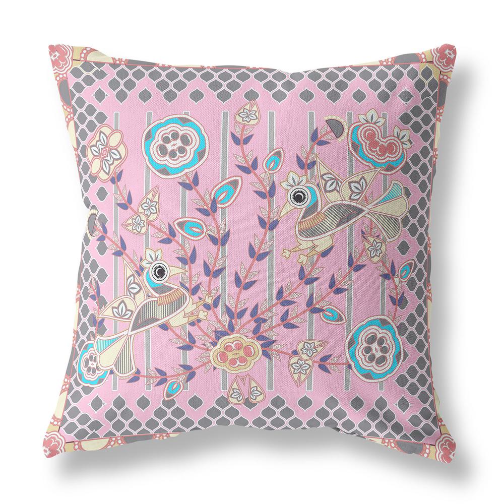16" x 16" Pink Peacock Blown Seam Floral Indoor Outdoor Throw Pillow. Picture 1
