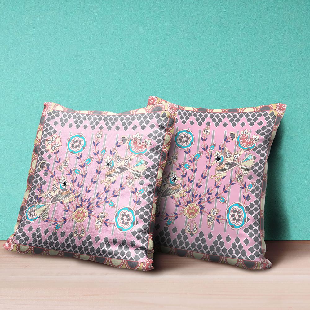 16" x 16" Pink Peacock Blown Seam Floral Indoor Outdoor Throw Pillow. Picture 7