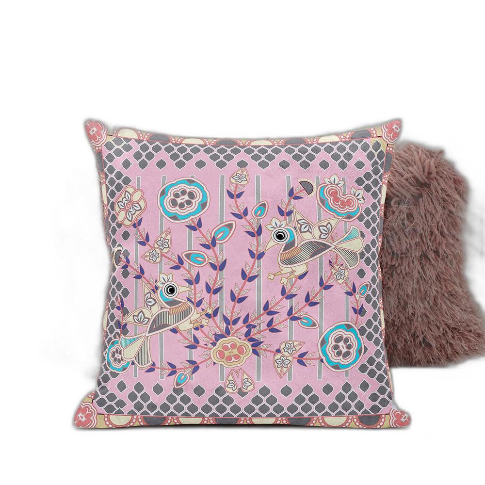 16" x 16" Pink Peacock Blown Seam Floral Indoor Outdoor Throw Pillow. Picture 4