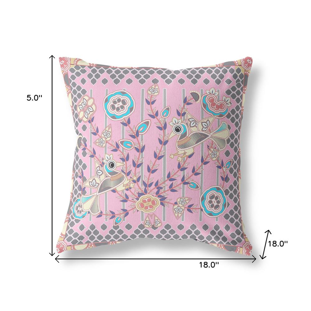 18" x 18" Pink Peacock Blown Seam Floral Indoor Outdoor Throw Pillow. Picture 9