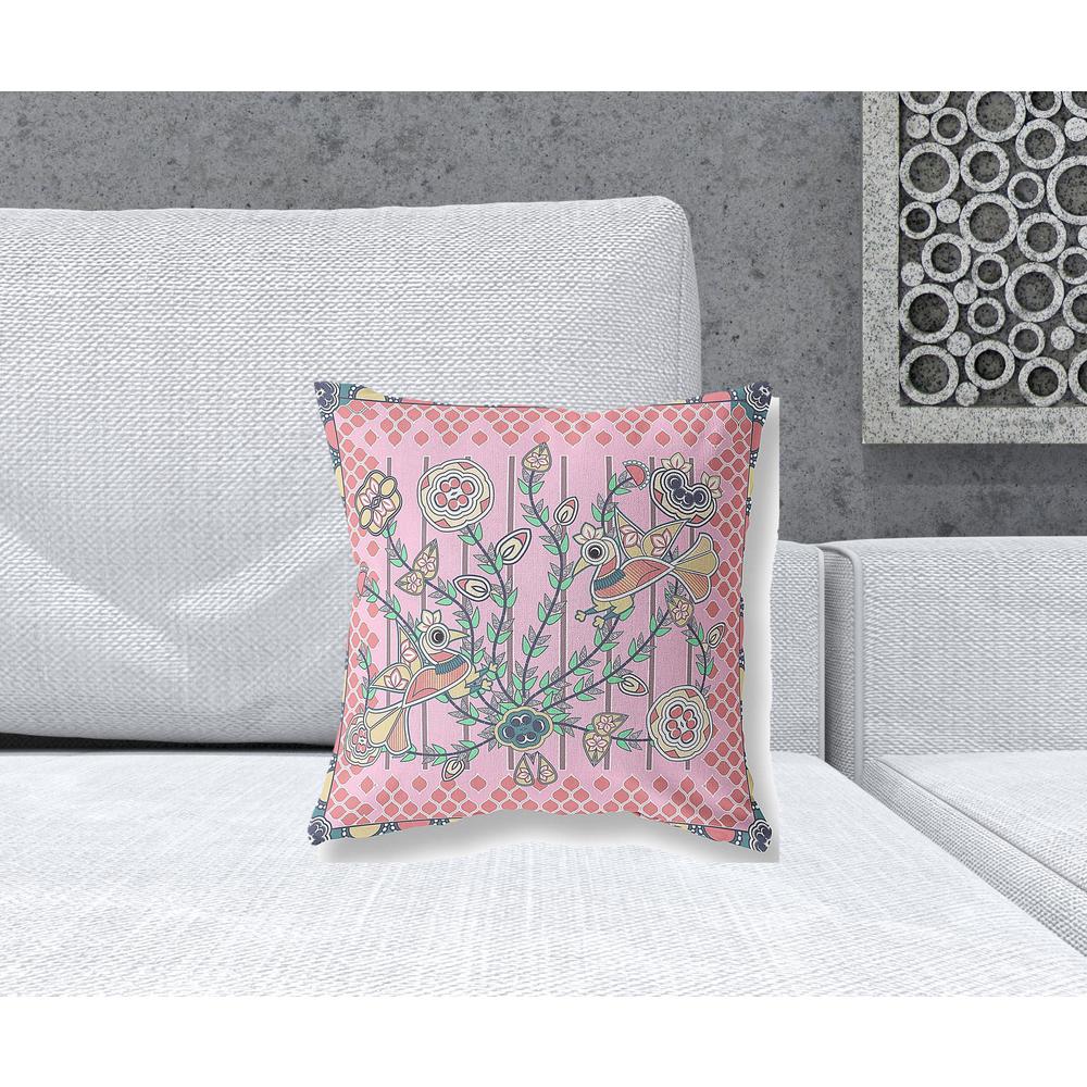 16" x 16" Pink Peacock Blown Seam Floral Indoor Outdoor Throw Pillow. Picture 2