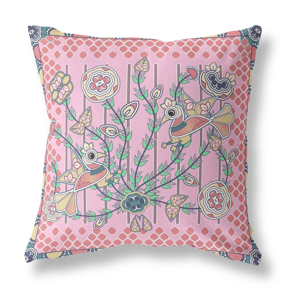 16" x 16" Pink Peacock Blown Seam Floral Indoor Outdoor Throw Pillow. Picture 1
