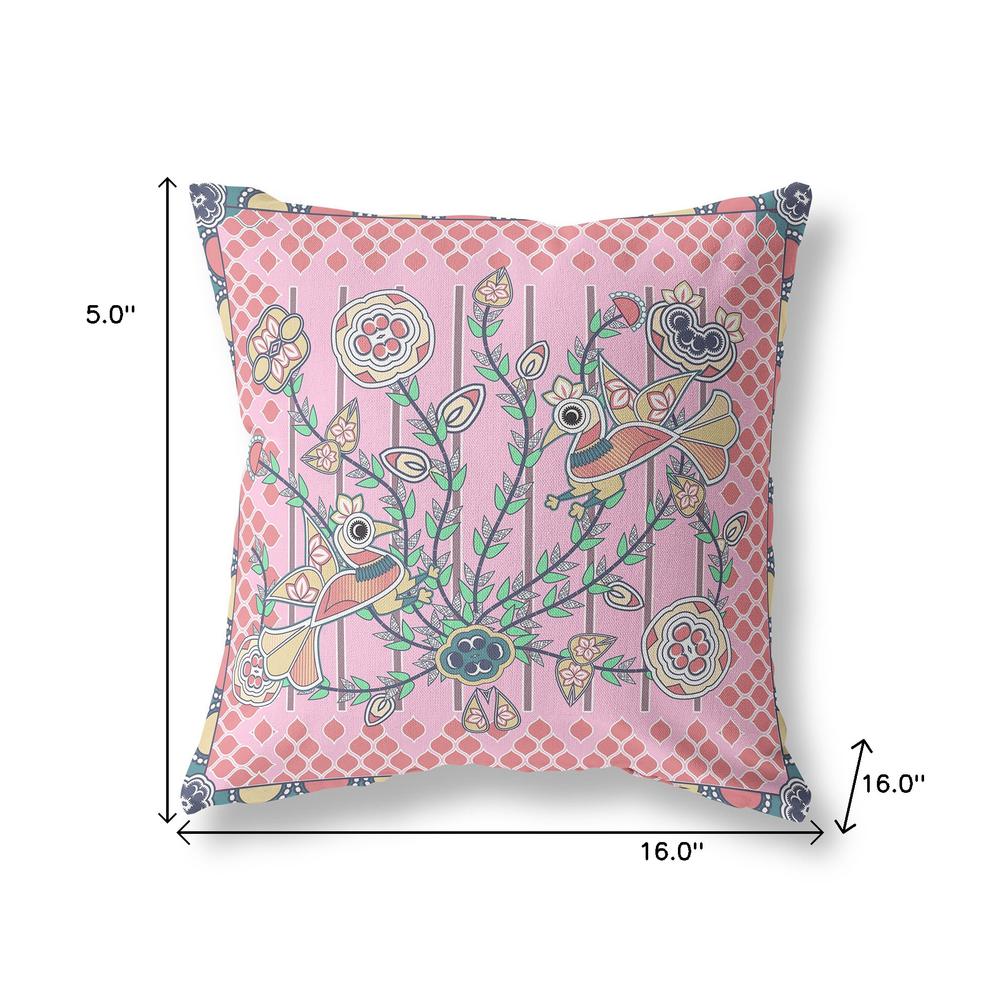 16" x 16" Pink Peacock Blown Seam Floral Indoor Outdoor Throw Pillow. Picture 6