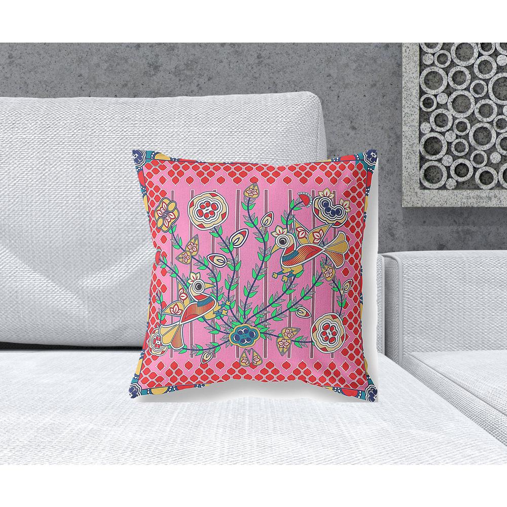 18" x 18" Pink Peacock Blown Seam Floral Indoor Outdoor Throw Pillow. Picture 2
