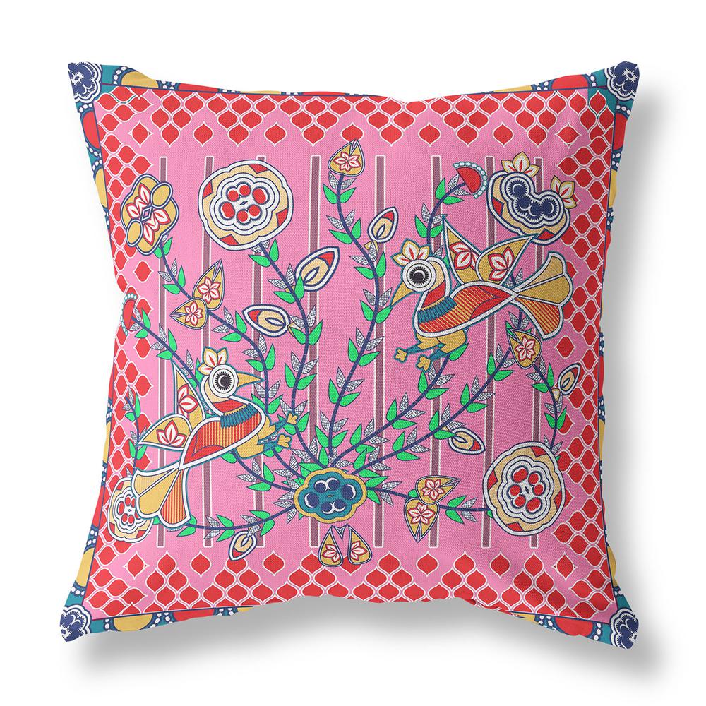 18" x 18" Pink Peacock Blown Seam Floral Indoor Outdoor Throw Pillow. Picture 1
