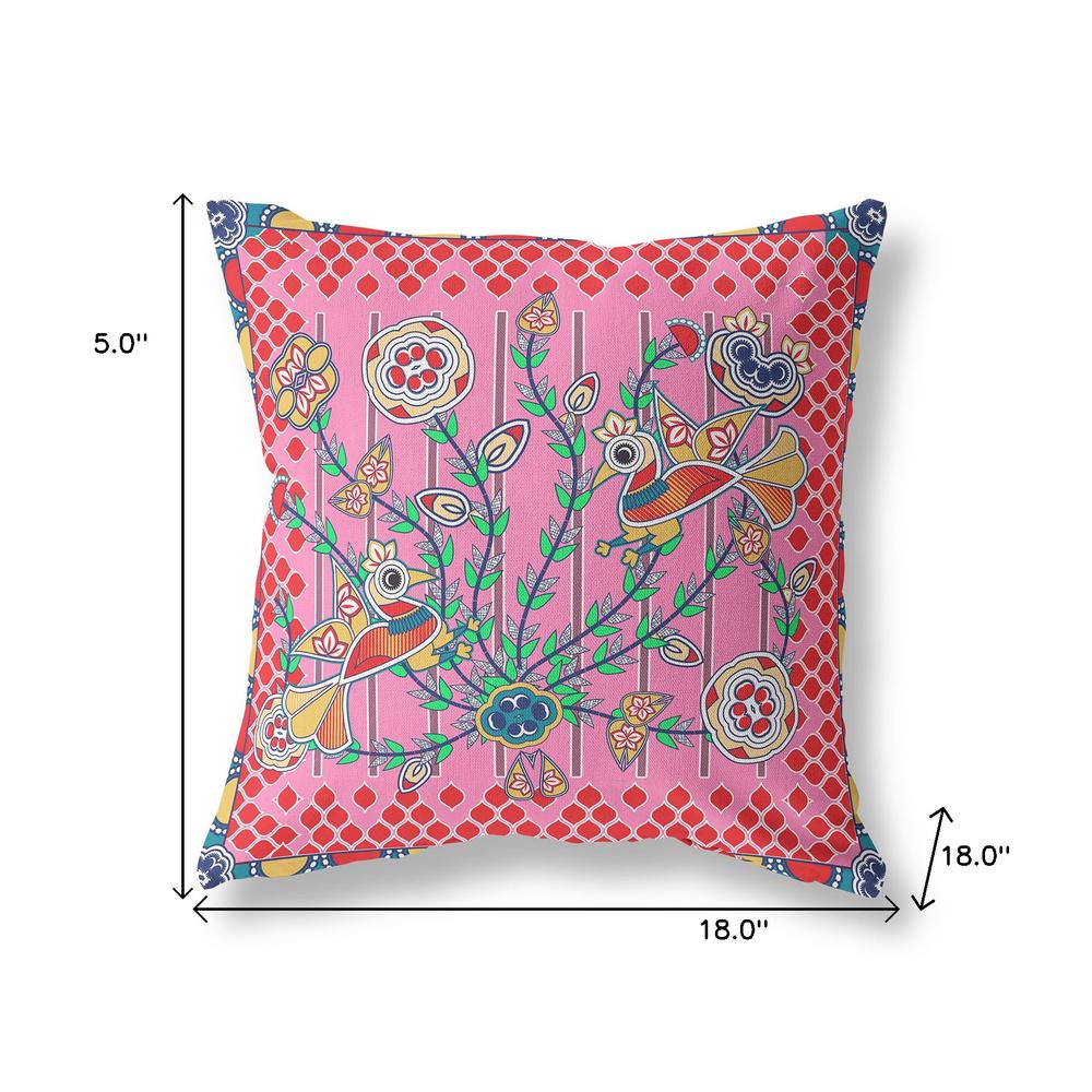 18" x 18" Pink Peacock Blown Seam Floral Indoor Outdoor Throw Pillow. Picture 9