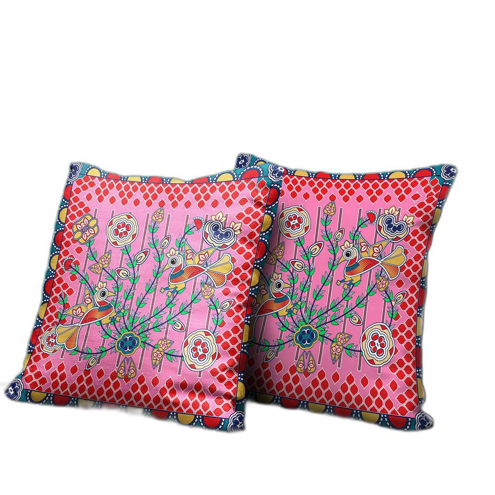18" x 18" Pink Peacock Blown Seam Floral Indoor Outdoor Throw Pillow. Picture 3