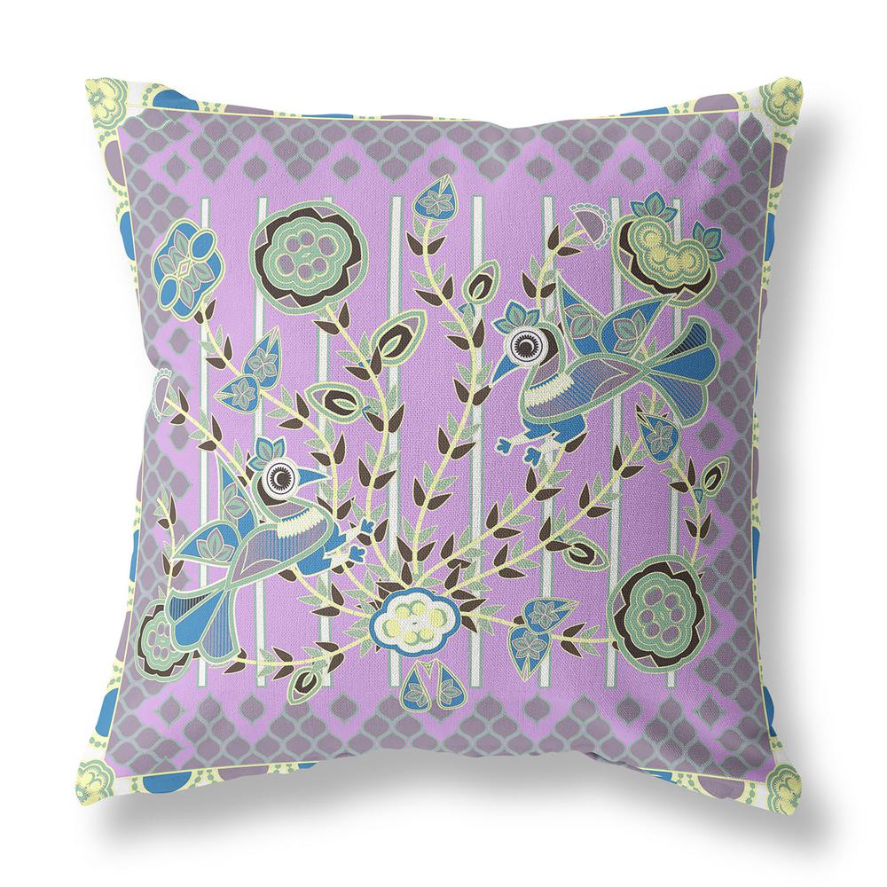 20" X 20" Purple And Yellow Bird Blown Seam Floral Indoor Outdoor Throw Pillow. Picture 1