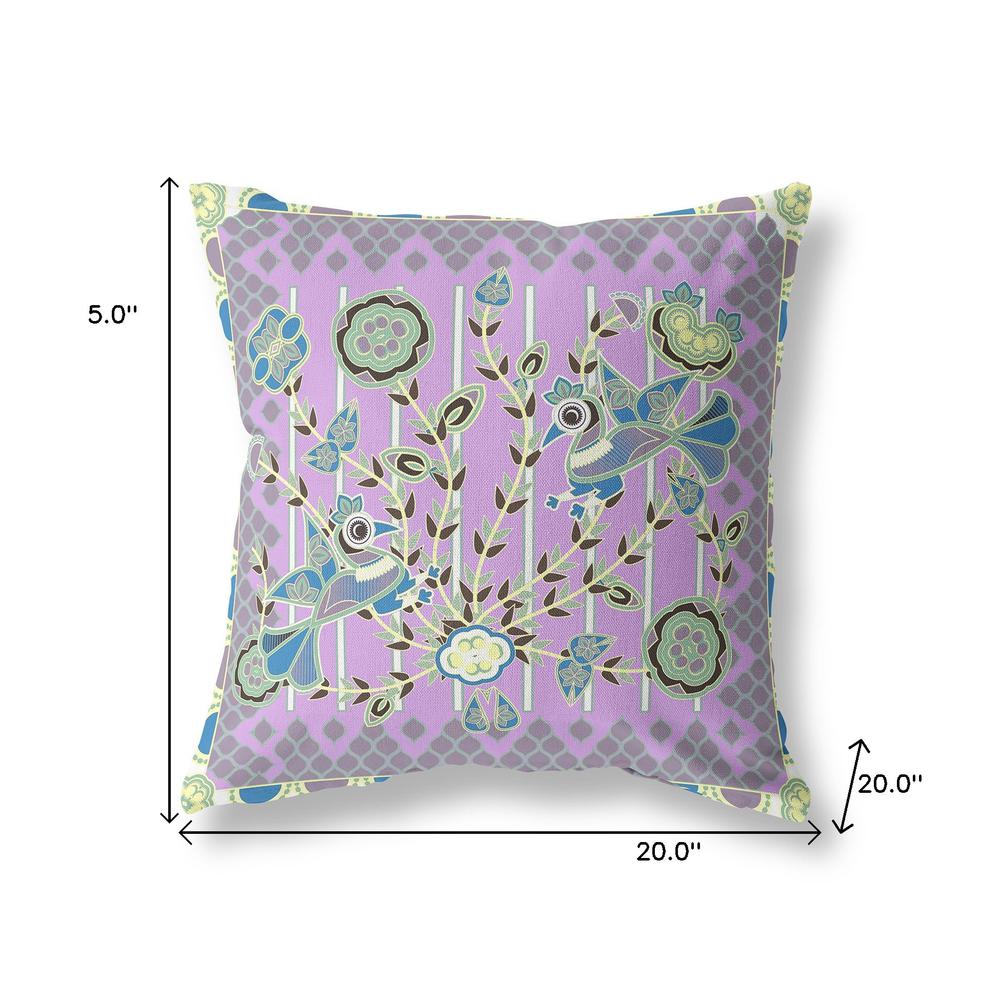 20" X 20" Purple And Yellow Bird Blown Seam Floral Indoor Outdoor Throw Pillow. Picture 7