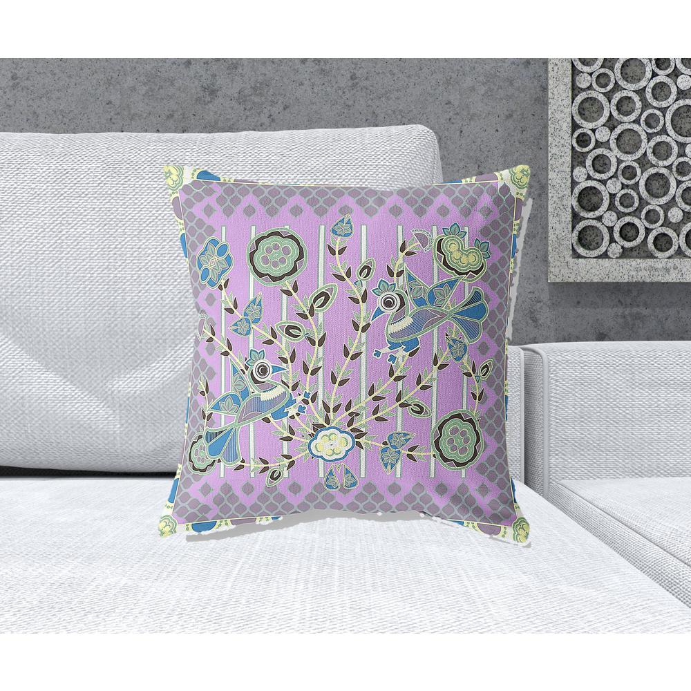 20" X 20" Purple And Yellow Bird Blown Seam Floral Indoor Outdoor Throw Pillow. Picture 2