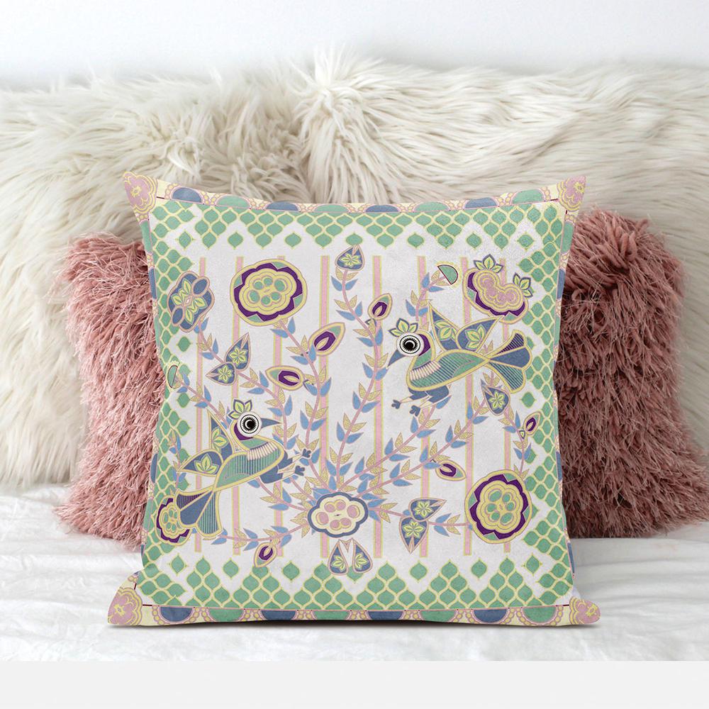 16" x 16" Yellow, White Peacock Blown Seam Floral Indoor Outdoor Throw Pillow. Picture 4