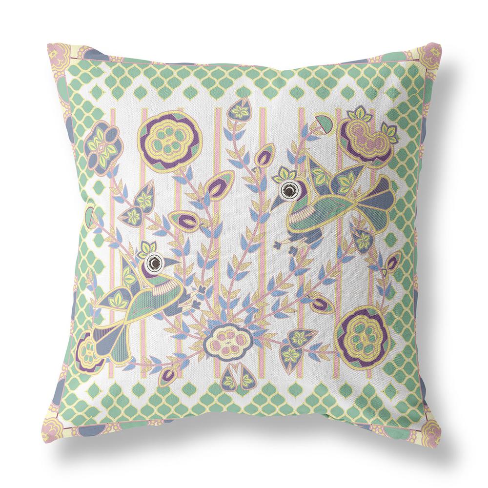 16" x 16" Yellow, White Peacock Blown Seam Floral Indoor Outdoor Throw Pillow. Picture 1