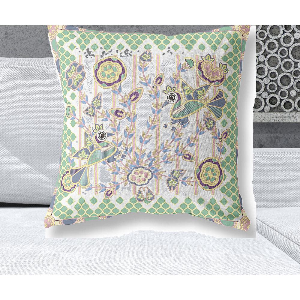 26" x 26" Yellow, White Peacock Blown Seam Floral Indoor Outdoor Throw Pillow. Picture 2
