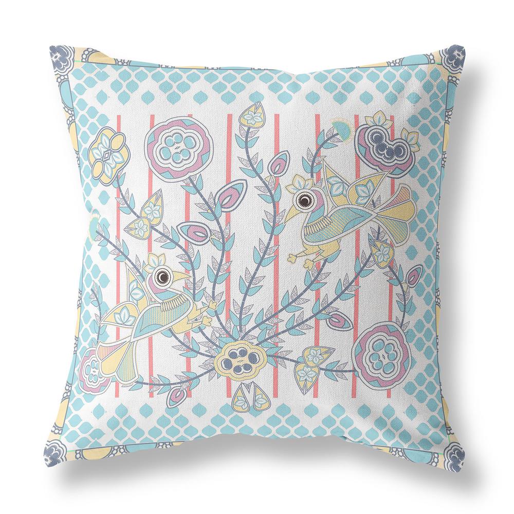 20" X 20" White And Yellow Bird Blown Seam Floral Indoor Outdoor Throw Pillow. Picture 2