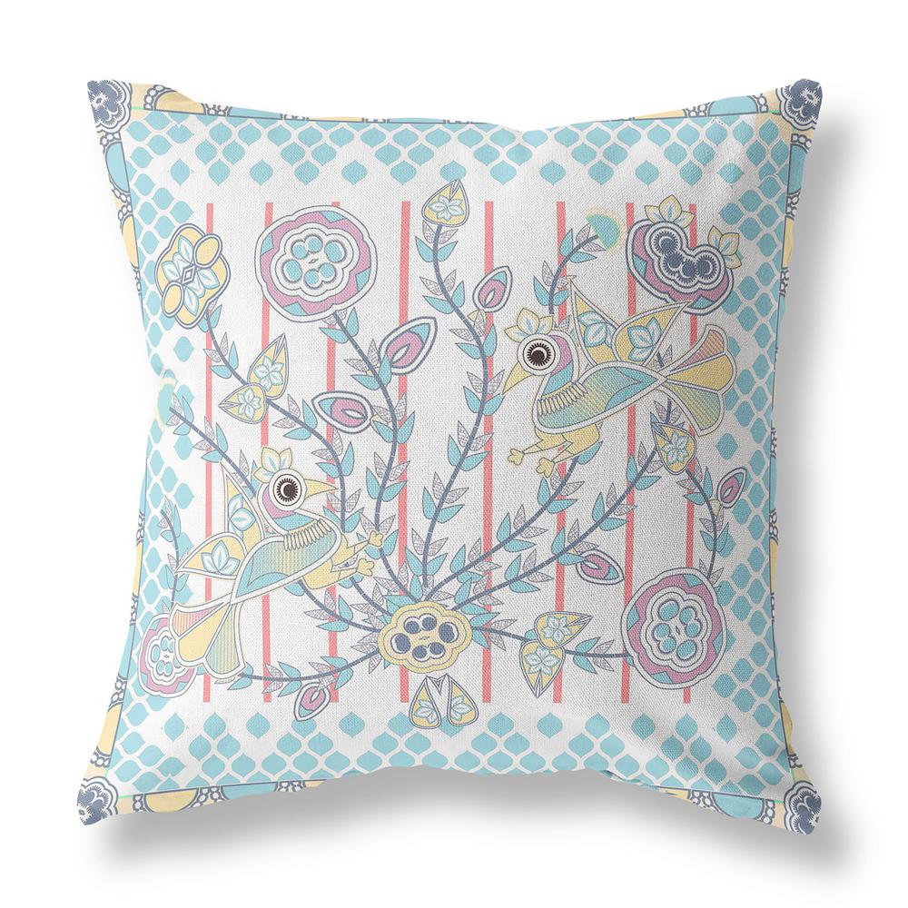 26" X 26" White And Yellow Bird Blown Seam Floral Indoor Outdoor Throw Pillow. Picture 2