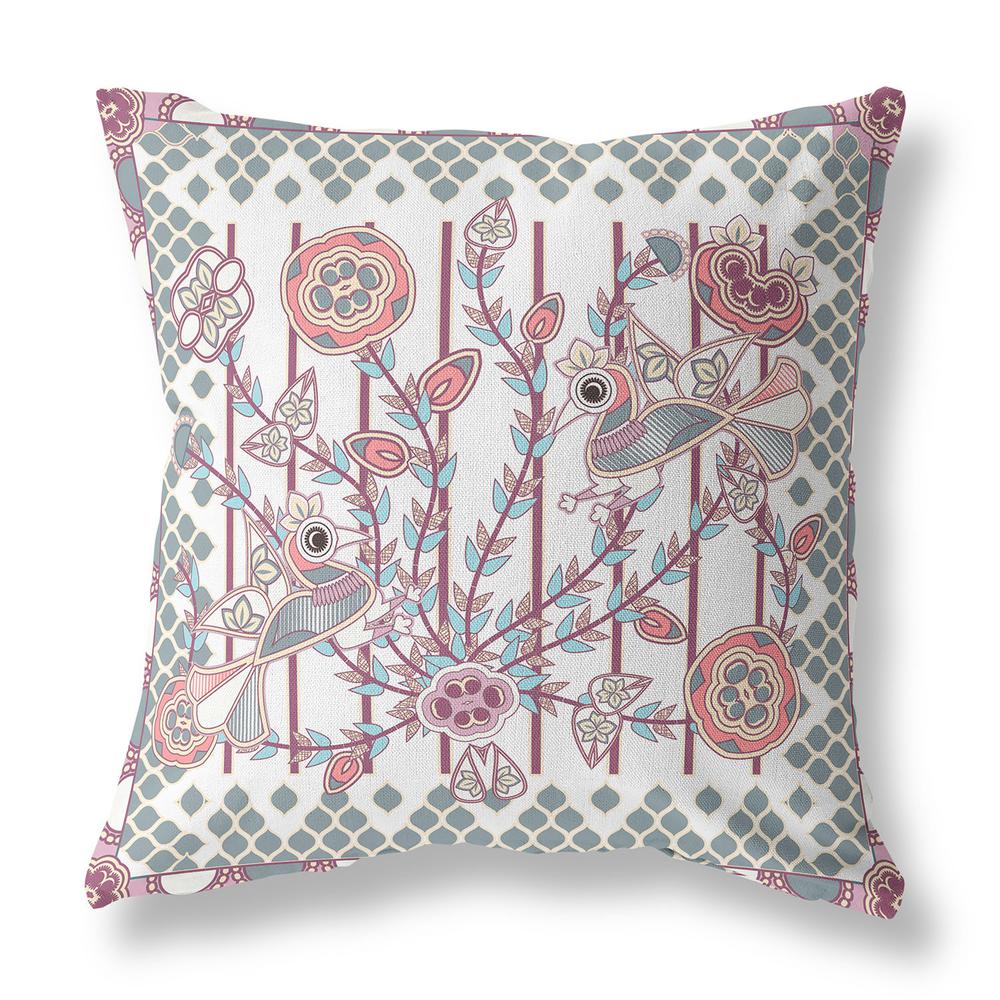 16" X 16" White And Magenta Bird Blown Seam Floral Indoor Outdoor Throw Pillow. Picture 2