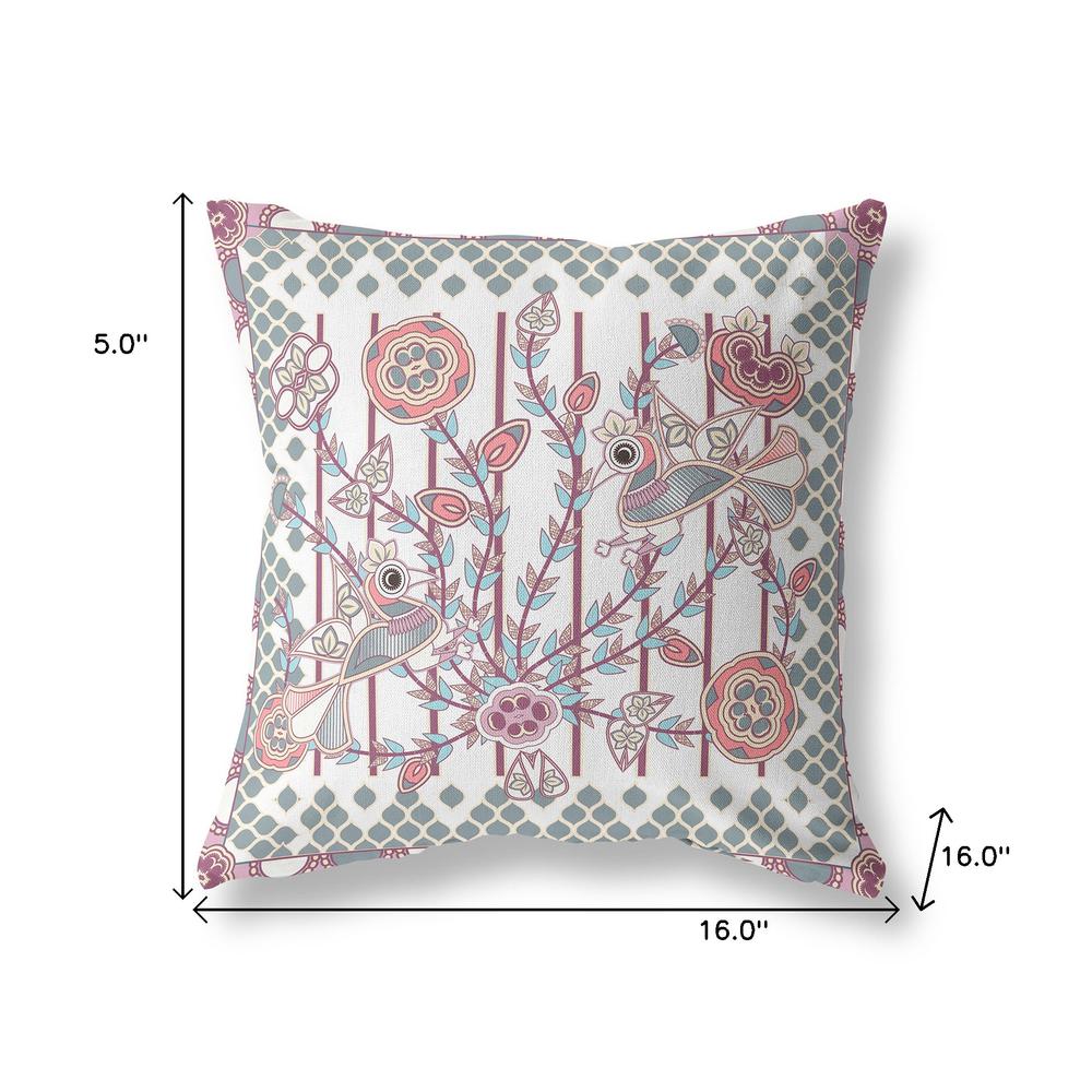 16" X 16" White And Magenta Bird Blown Seam Floral Indoor Outdoor Throw Pillow. Picture 8