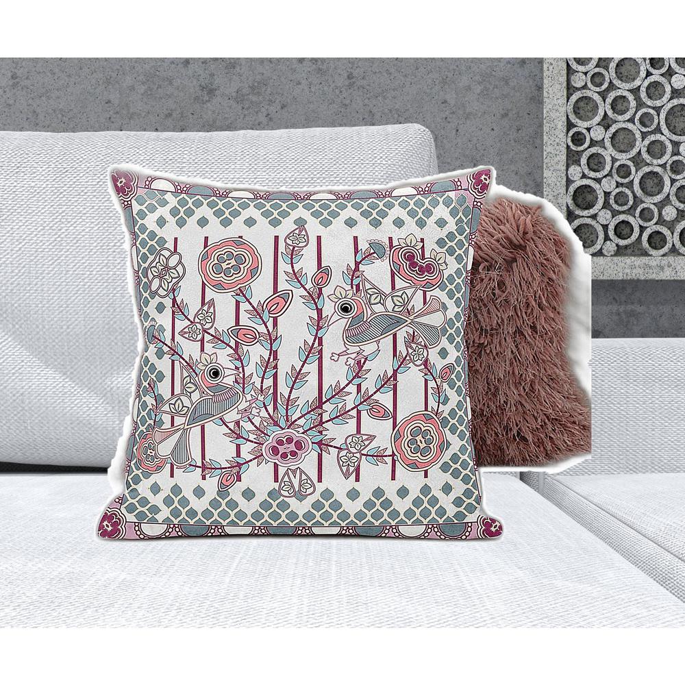 20" X 20" White And Magenta Bird Blown Seam Floral Indoor Outdoor Throw Pillow. Picture 3