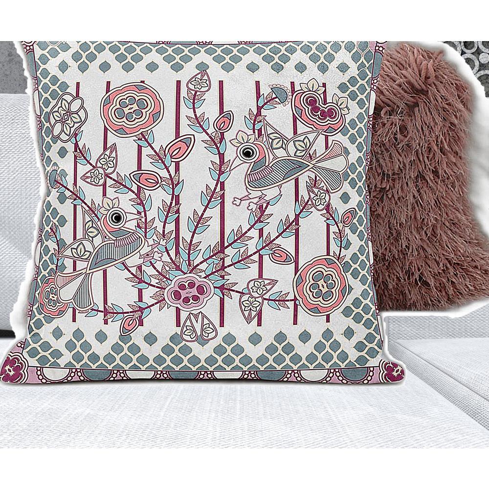 28" X 28" White And Magenta Bird Blown Seam Floral Indoor Outdoor Throw Pillow. Picture 3