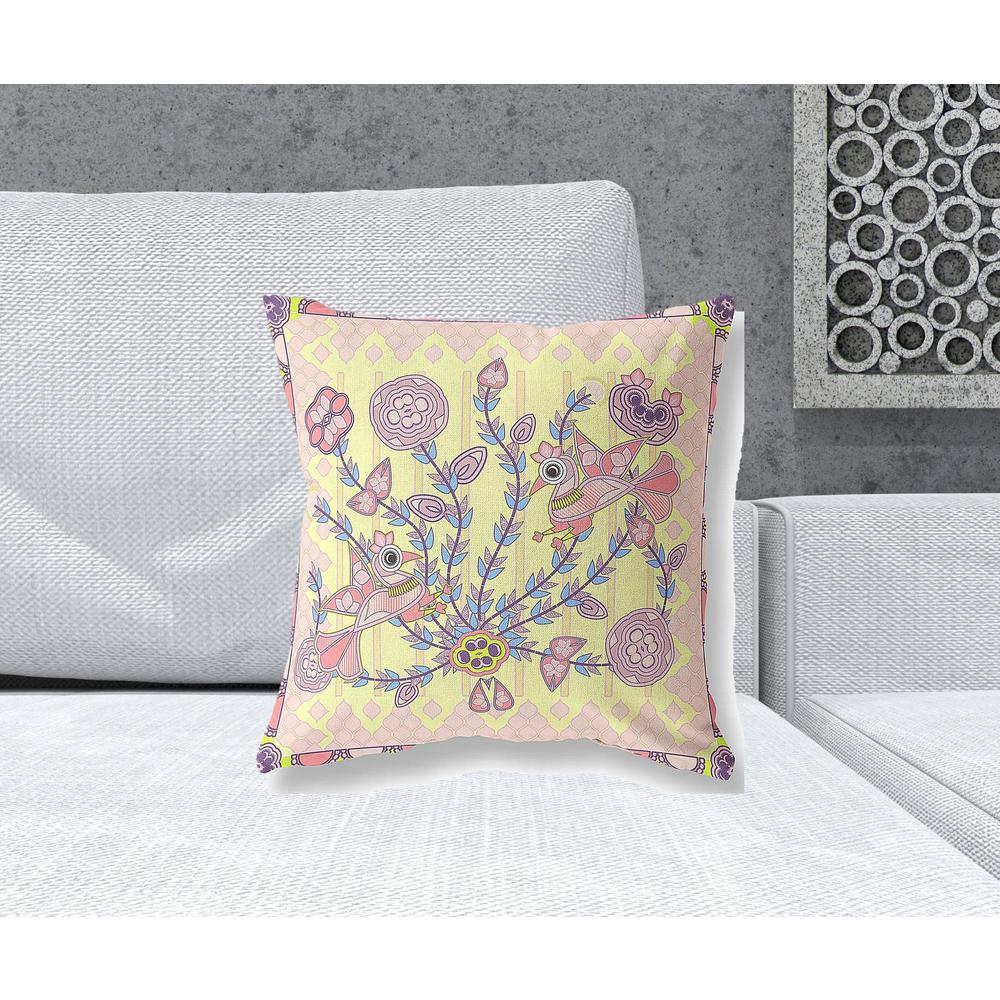 18" x 18" Yellow Peacock Blown Seam Floral Indoor Outdoor Throw Pillow. Picture 2