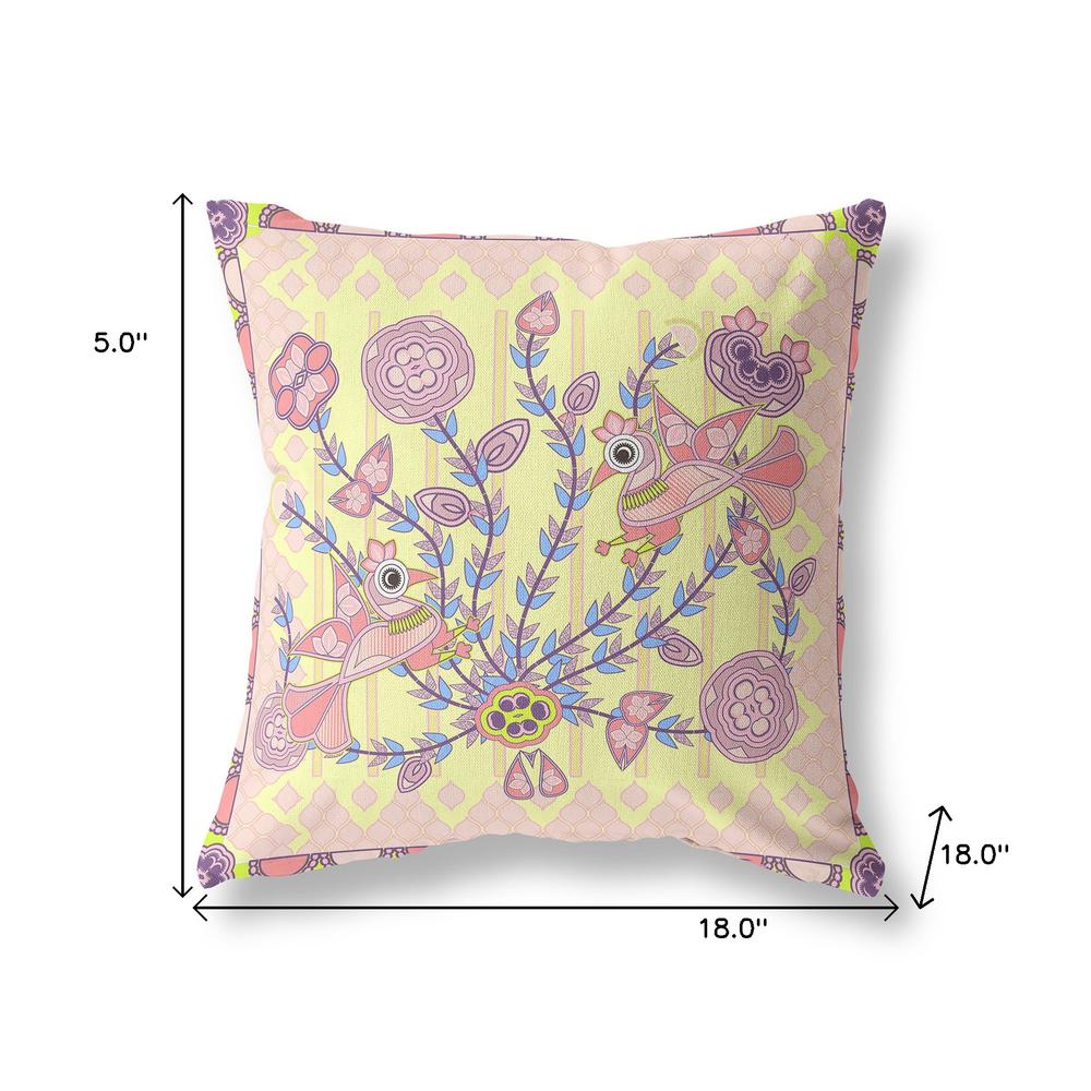 18" x 18" Yellow Peacock Blown Seam Floral Indoor Outdoor Throw Pillow. Picture 9