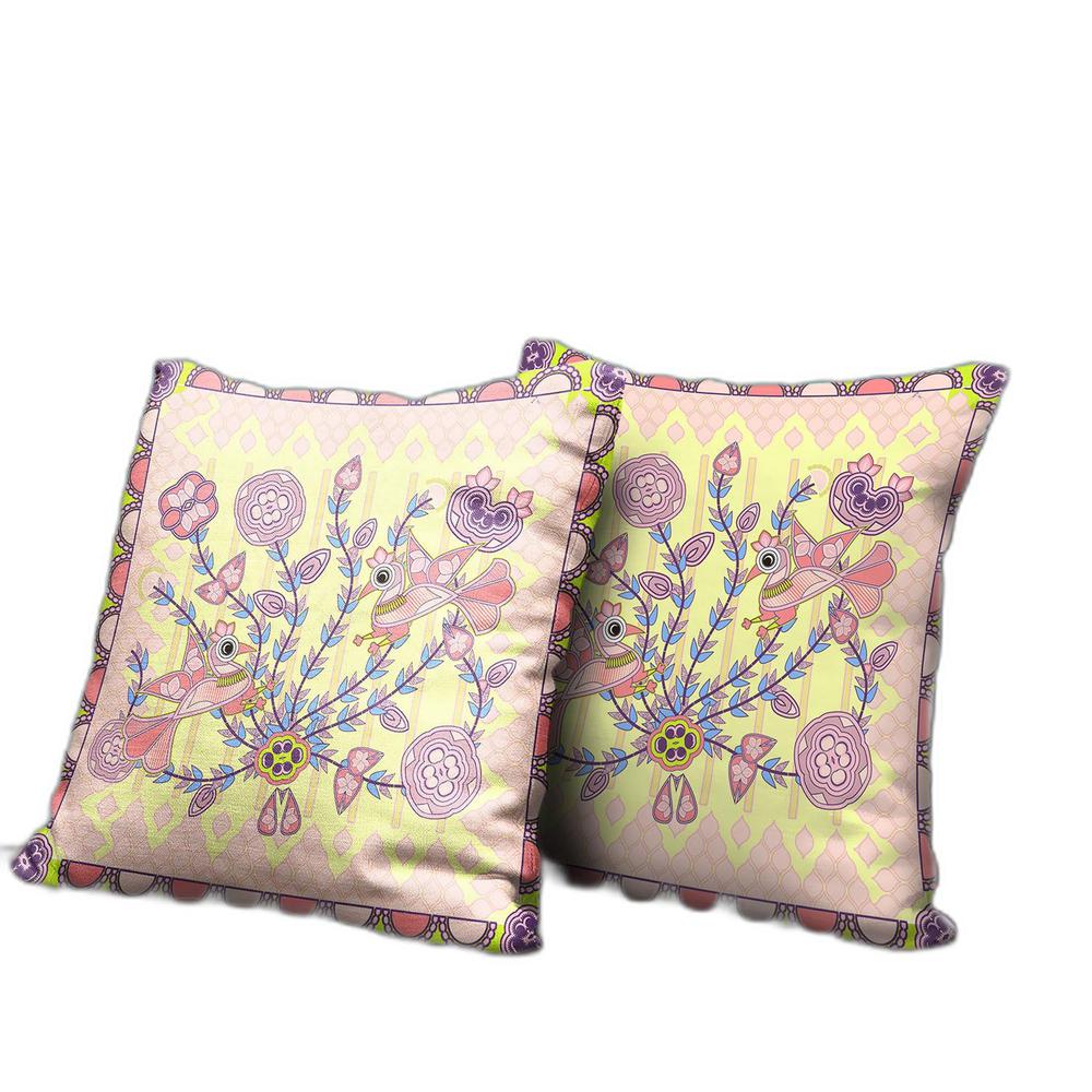 18" x 18" Yellow Peacock Blown Seam Floral Indoor Outdoor Throw Pillow. Picture 5