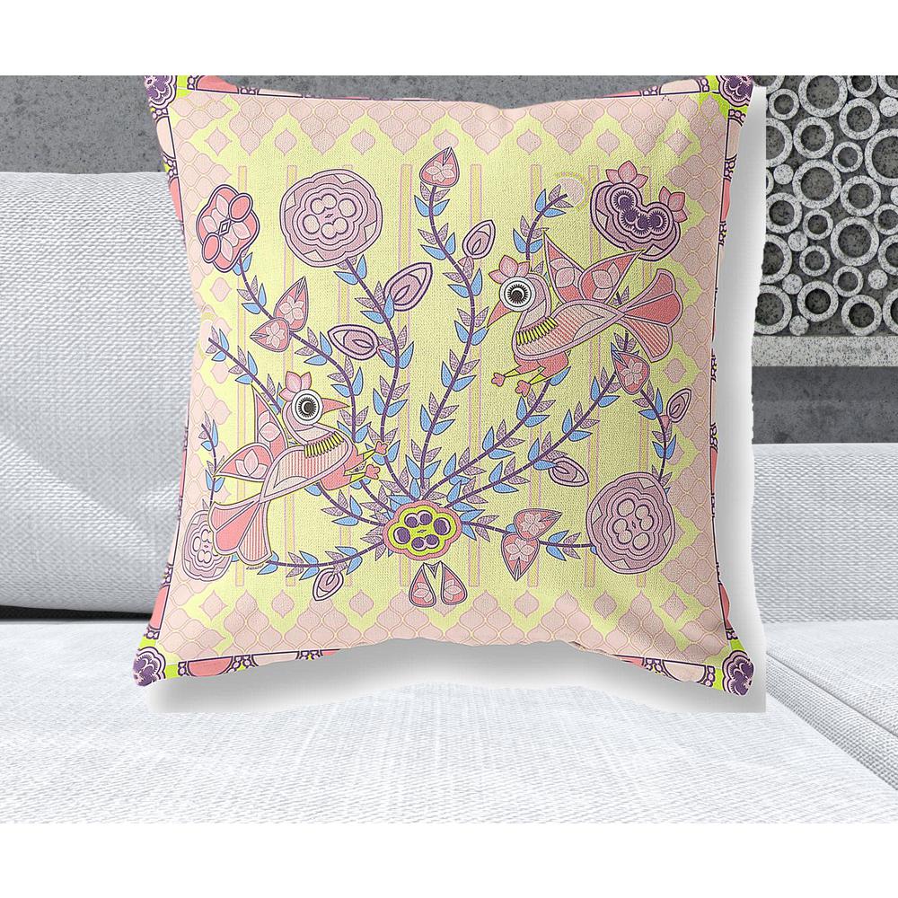 26" x 26" Yellow Peacock Blown Seam Floral Indoor Outdoor Throw Pillow. Picture 2