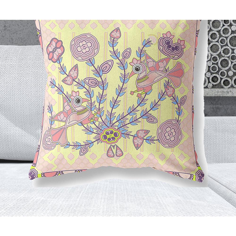 28" x 28" Yellow Peacock Blown Seam Floral Indoor Outdoor Throw Pillow. Picture 2