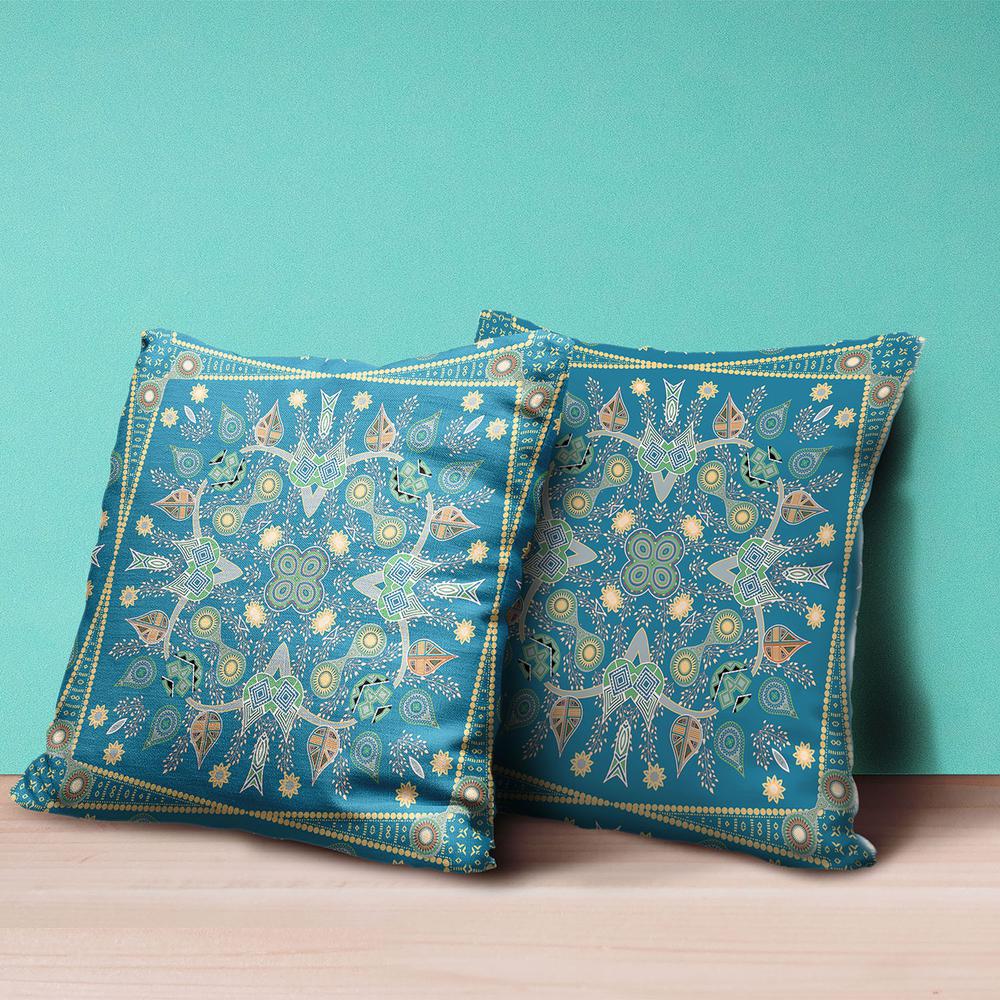 16" X 16" Aqua And Gold Blown Seam Floral Indoor Outdoor Throw Pillow. Picture 5