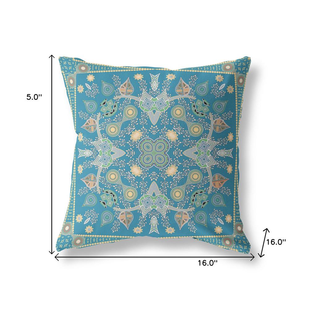 16" X 16" Aqua And Gold Blown Seam Floral Indoor Outdoor Throw Pillow. Picture 8