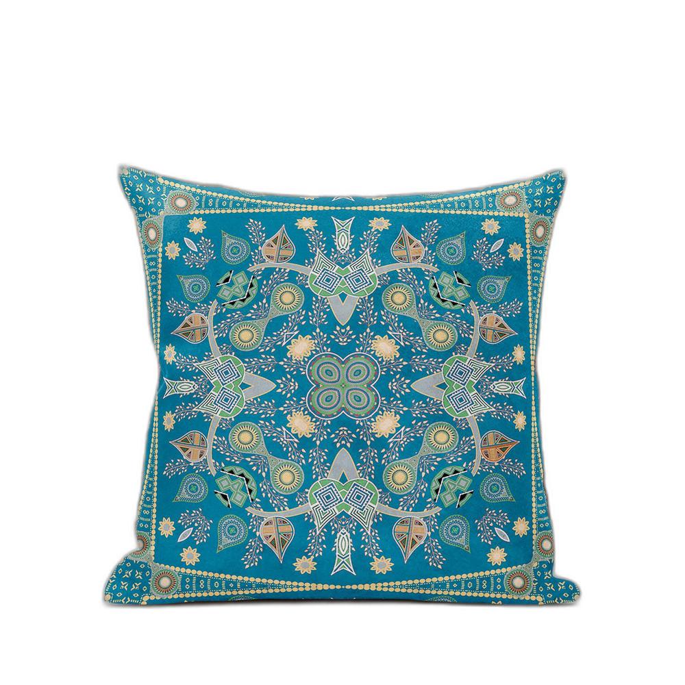 16" X 16" Aqua And Gold Blown Seam Floral Indoor Outdoor Throw Pillow. Picture 1