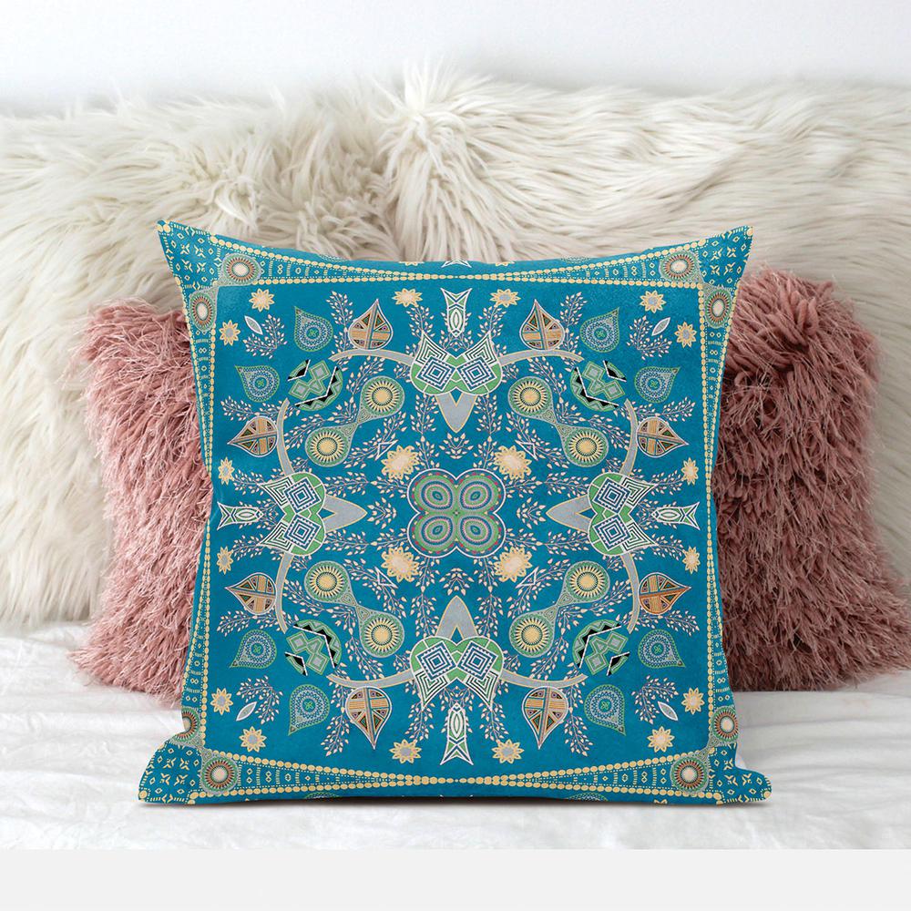 18" X 18" Aqua And Gold Blown Seam Floral Indoor Outdoor Throw Pillow. Picture 4