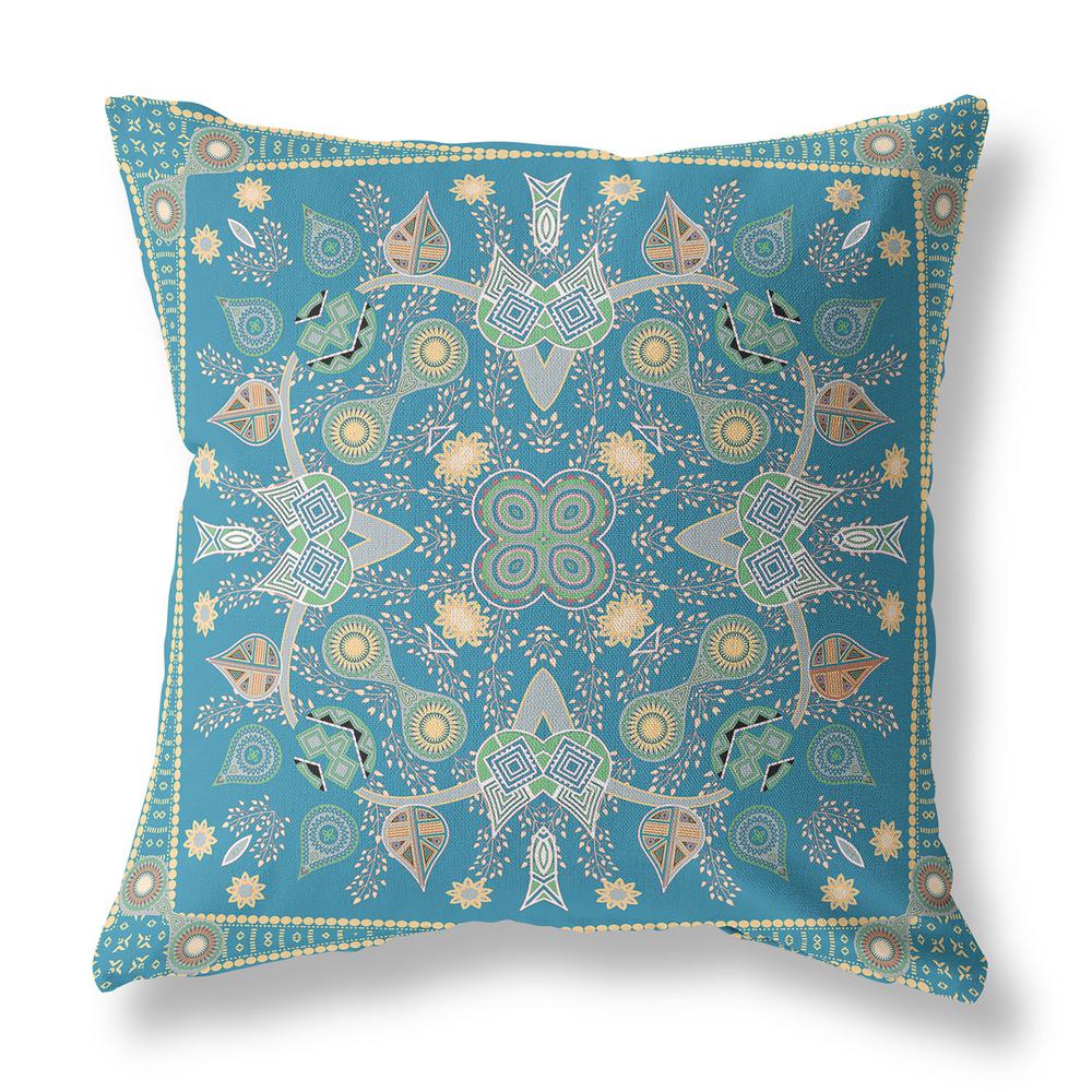 18" X 18" Aqua And Gold Blown Seam Floral Indoor Outdoor Throw Pillow. Picture 2