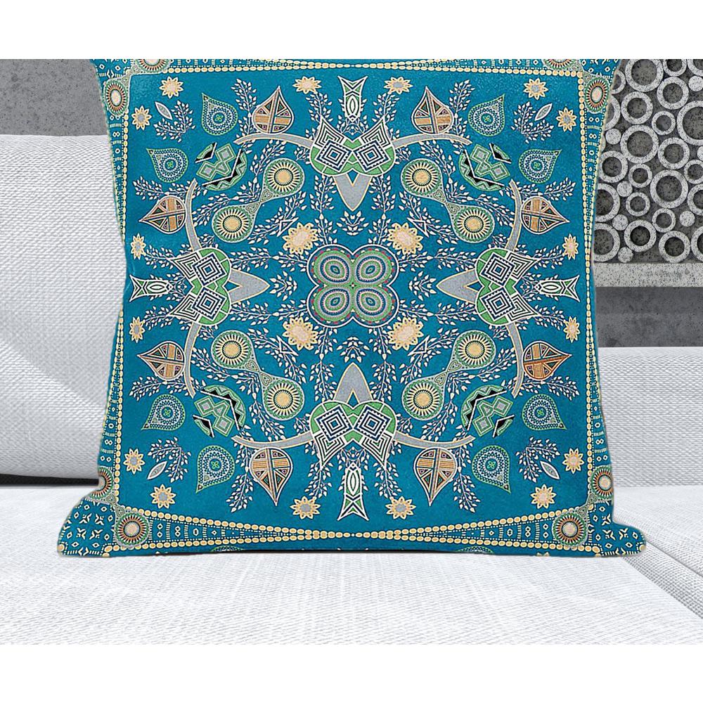 28" X 28" Aqua And Gold Blown Seam Floral Indoor Outdoor Throw Pillow. Picture 3