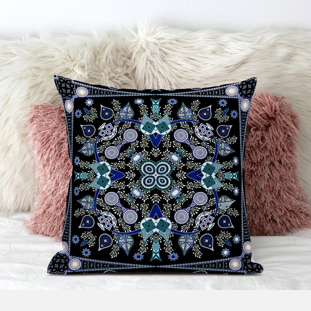 20" X 20" Black And Blue Blown Seam Floral Indoor Outdoor Throw Pillow. Picture 3