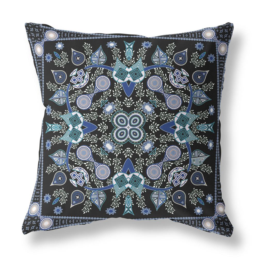 20" X 20" Black And Blue Blown Seam Floral Indoor Outdoor Throw Pillow. Picture 1