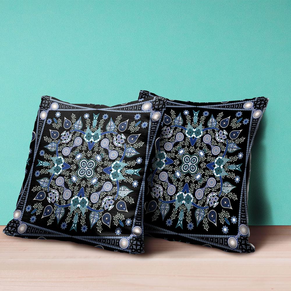 20" X 20" Black And Blue Blown Seam Floral Indoor Outdoor Throw Pillow. Picture 4
