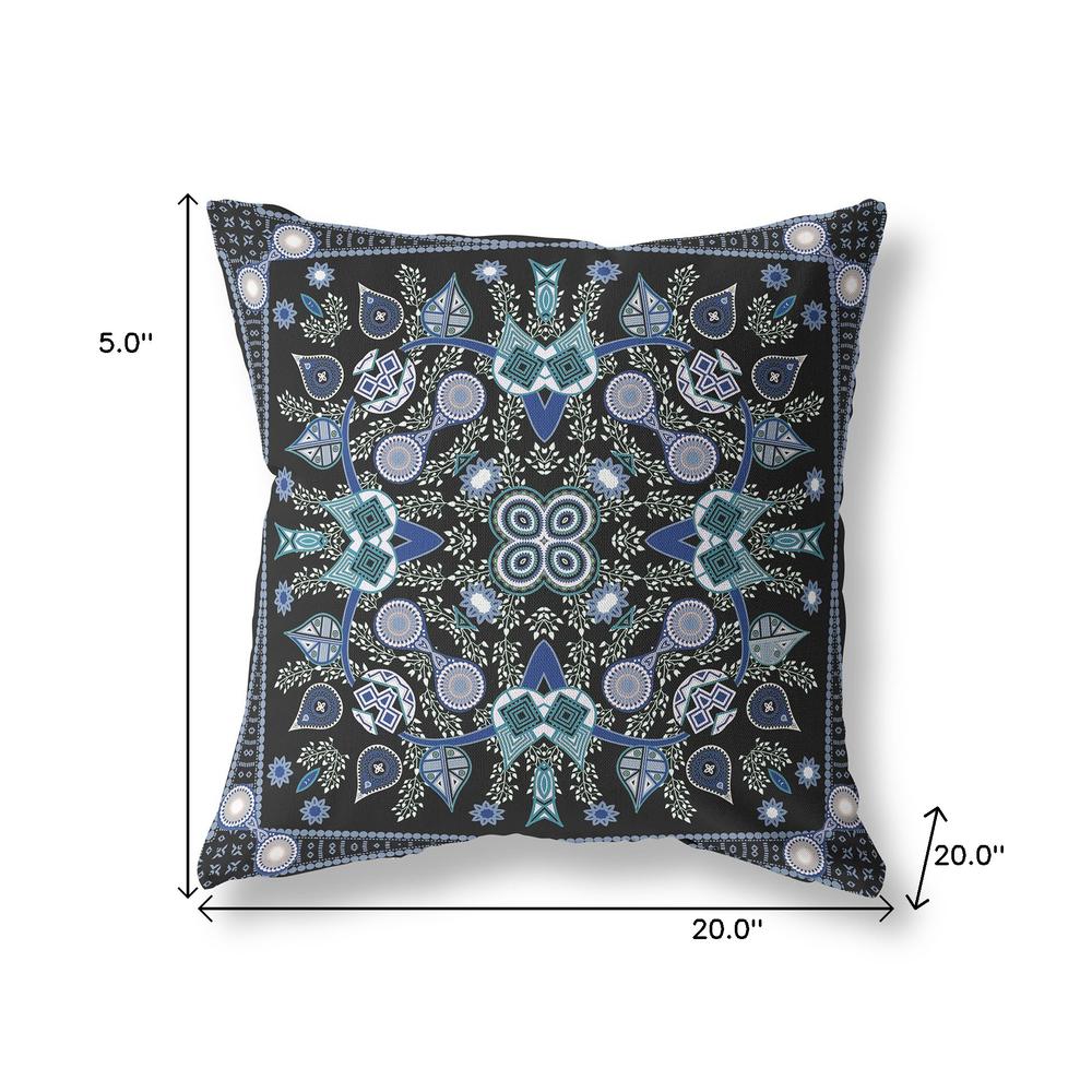 20" X 20" Black And Blue Blown Seam Floral Indoor Outdoor Throw Pillow. Picture 7
