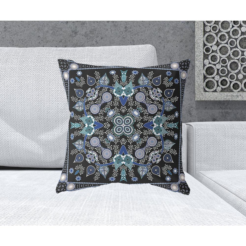20" X 20" Black And Blue Blown Seam Floral Indoor Outdoor Throw Pillow. Picture 2