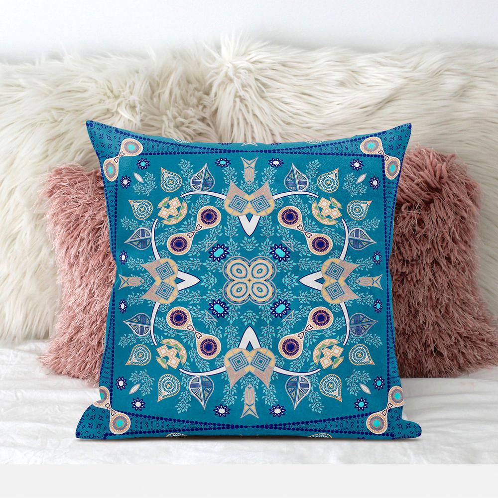 16" X 16" Blue And Beige Blown Seam Floral Indoor Outdoor Throw Pillow. Picture 3