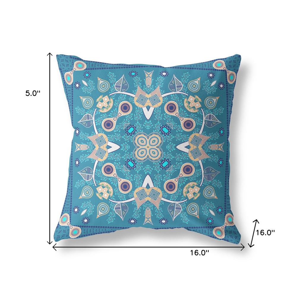 16" X 16" Blue And Beige Blown Seam Floral Indoor Outdoor Throw Pillow. Picture 7